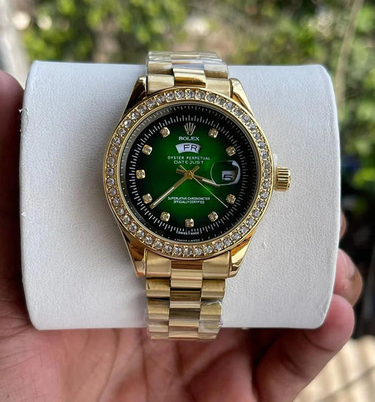 Rol-ex Green Dial Analog Quartz Chain Metal Round For Men's Watch