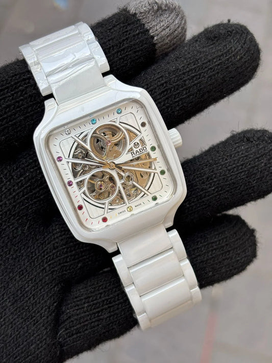 Rado White Rainbow Dial Ceramic Automatic Open Heart Watch For Men's