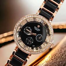 Rolex Black Dial Metal Belt For Women Watch