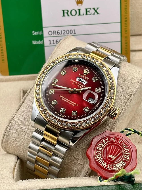 Ro-lex Red Dial Metal Belt Analog Quartz Movement Case Date Gift Men's Watch