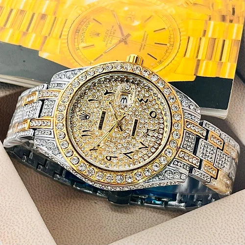 Rolex Menโs Analog gold Arabic Diamond Watch