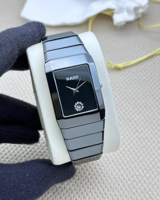 Rado Square Silver Black Dial Ceramic Belt Men's Watch