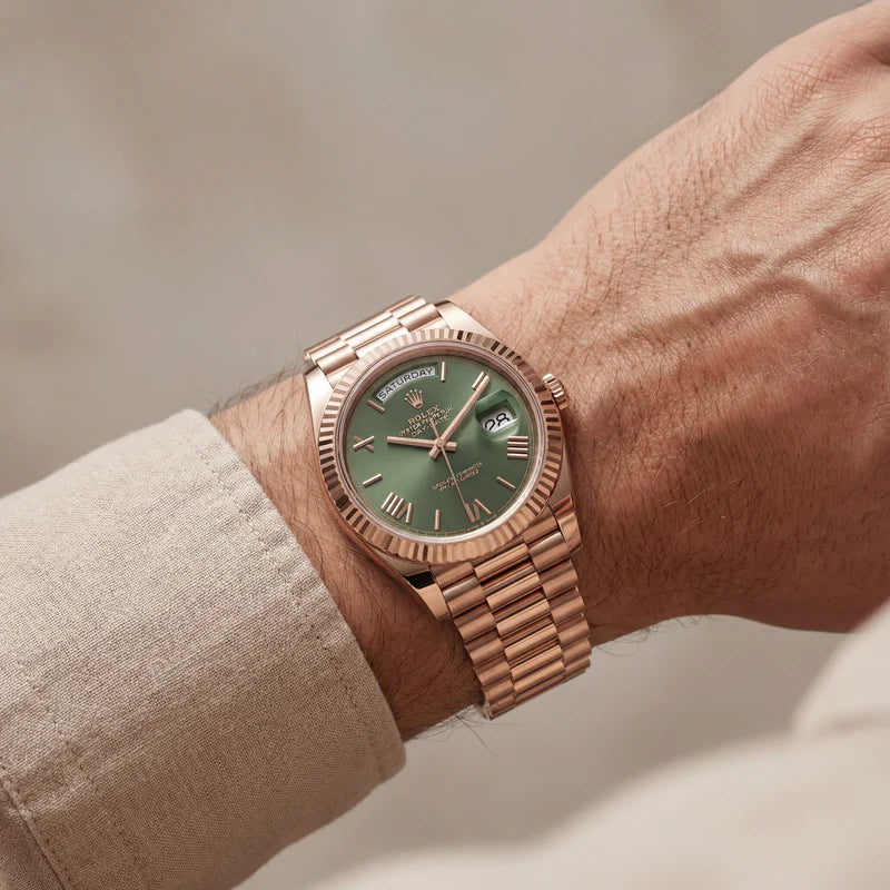 Rose Gold Green Dial Day-Date Luxury Steel Watch