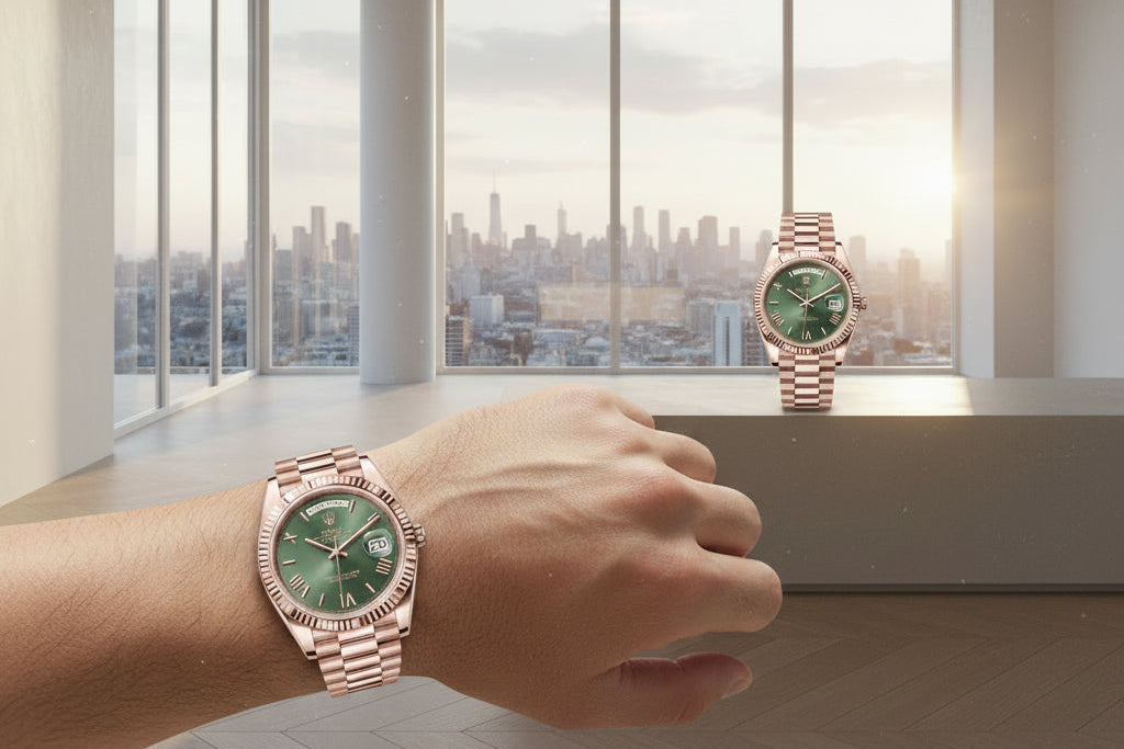 Rose Gold Green Dial Day-Date Luxury Steel Watch