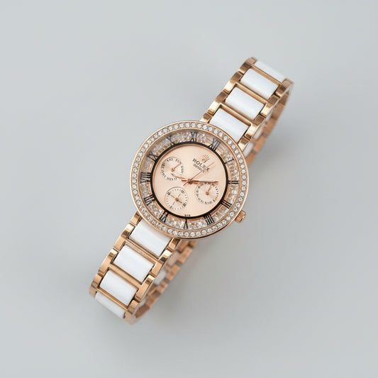 Rolex Chorograph Rose Gold Dial Metal Belt For Women Watch