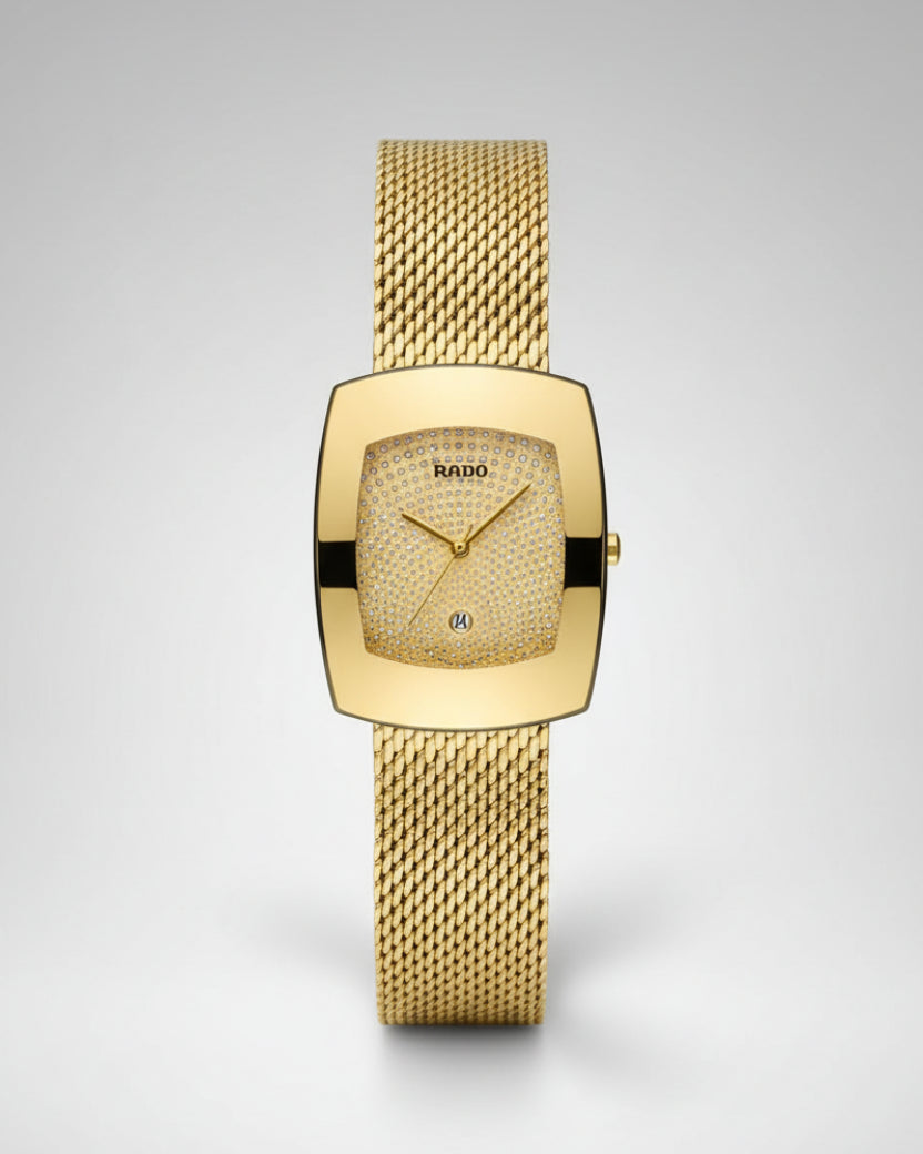 Rado Swiss Time Gold Square Dial Mens Analog Wrist Watch