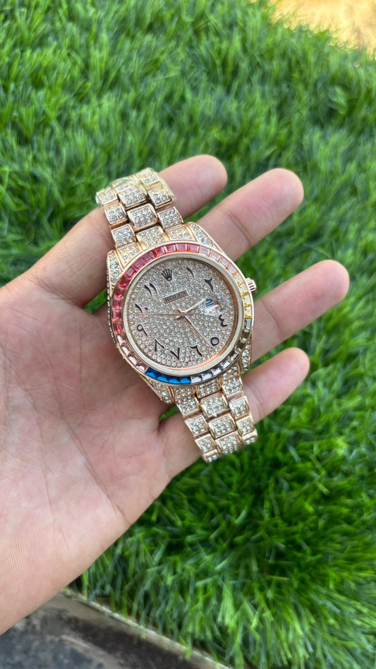 Ro-lex Analog Rainbow Dial Arabic Numerals Full Rose Gold Diamond Men’s Watch