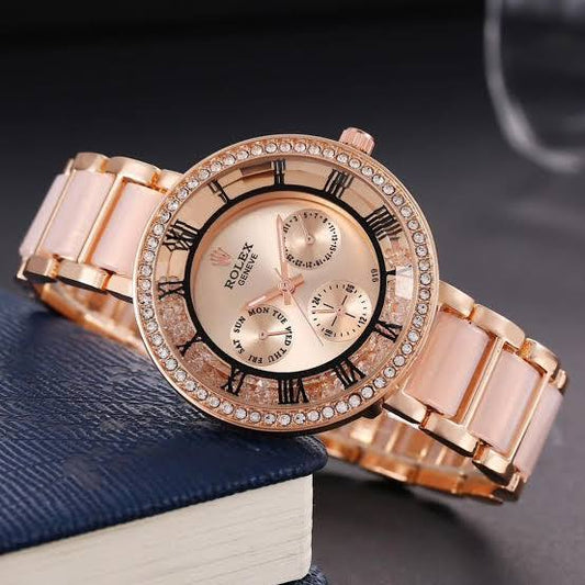 Rolex Chorograph Rose Gold Dial Metal Belt For Women Watch