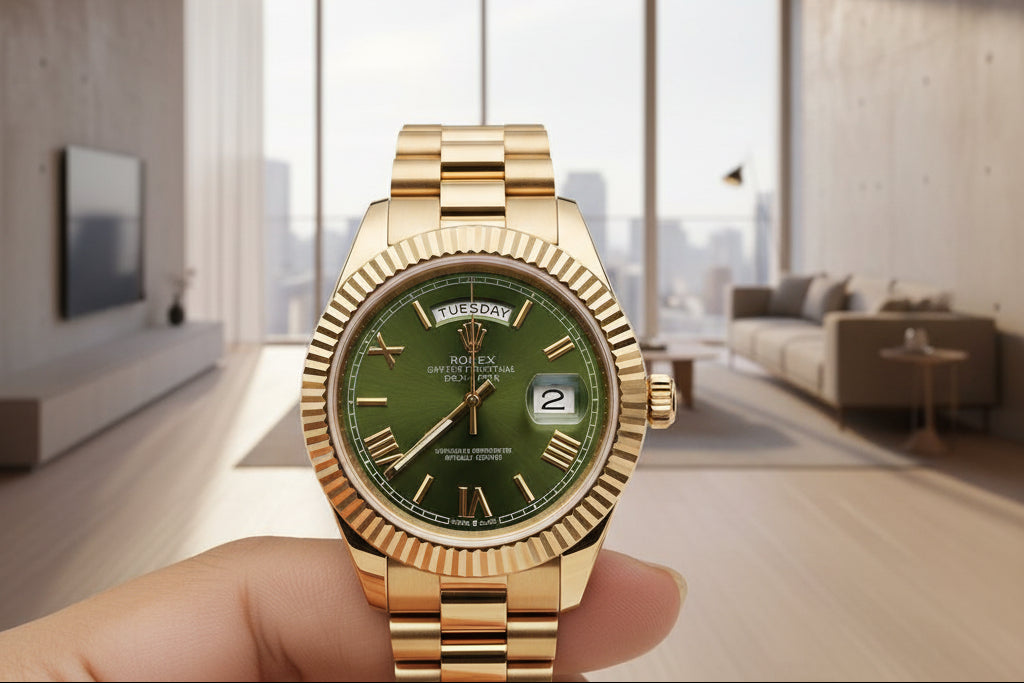 Rolex Automatic Golden Green Dial Analog Chain Metal Round Men's Watch