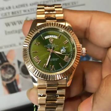 Rolex Automatic Golden Green Dial Analog Chain Metal Round Men's Watch