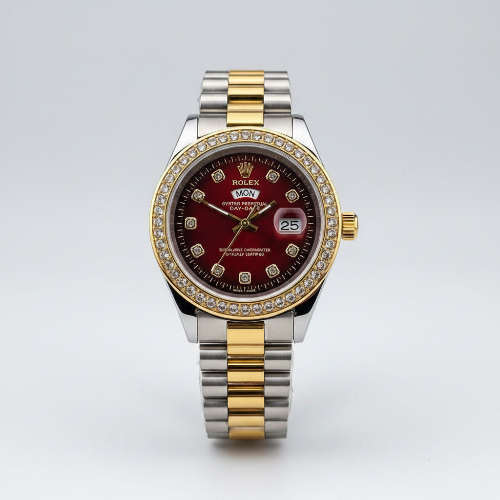 Ro-lex Red Dial Metal Belt Analog Quartz Movement Case Date Gift Men's Watch
