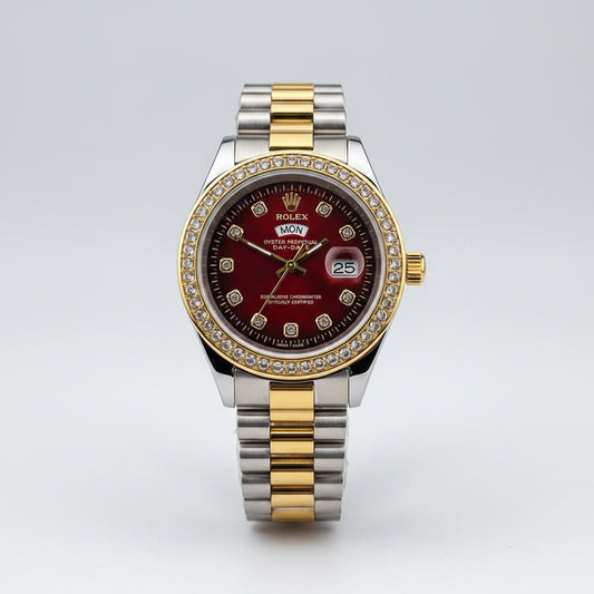 Ro-lex Red Dial Metal Belt Analog Quartz Movement Case Date Gift Men's Watch