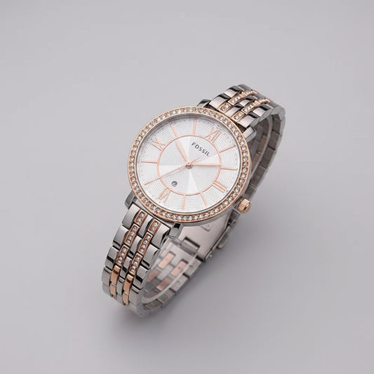 Fossil White & Silver Dialmonds Dial Watch For Women's