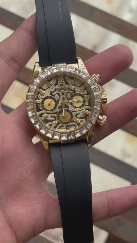 Ro-l-ex Tiger Eye Daytona Gold With Dimond Bazel Dial Men’s Watch