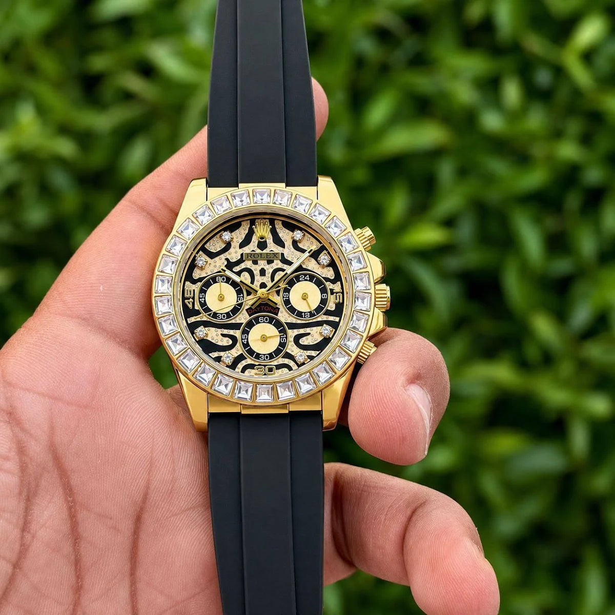 Ro-l-ex Tiger Eye Daytona Gold With Dimond Bazel Dial Men’s Watch